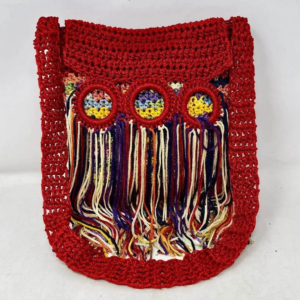 Crochet Shoulder Bag Handmade Boho Hippie Rainbow Fringe - Read‎ - Rough Fibers